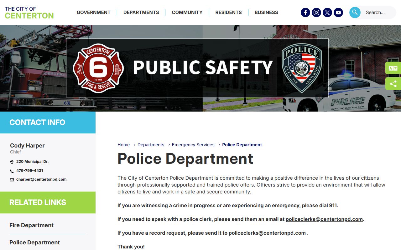 Centerton Police Department page for warrant and records info