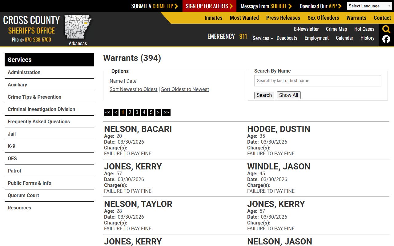 Cross County warrant search for bench warrants