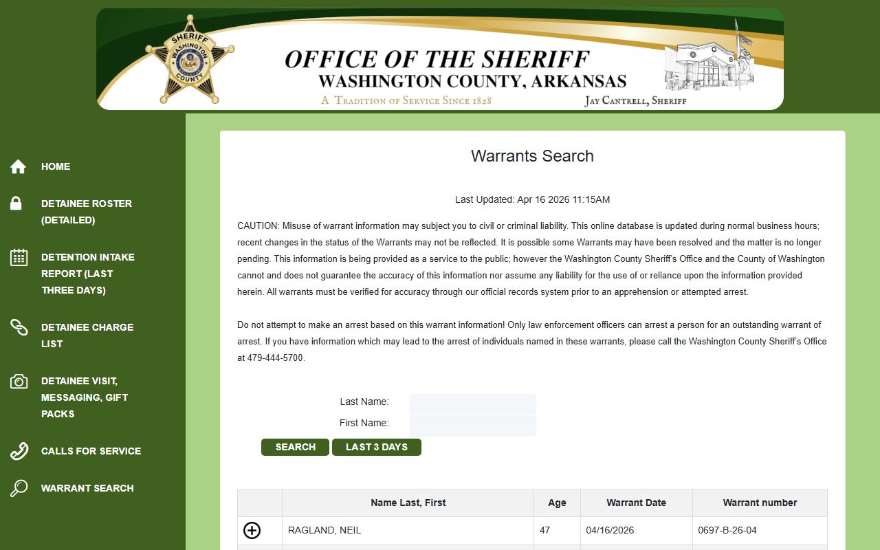 Washington County Sheriff warrant search page for bench warrants