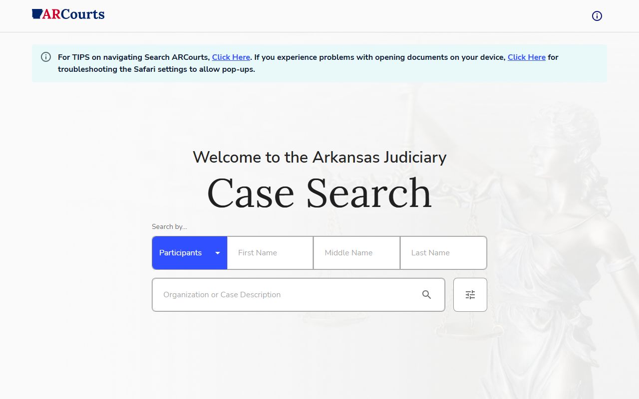 Arkansas Judiciary Search ARCourts portal for bench warrants