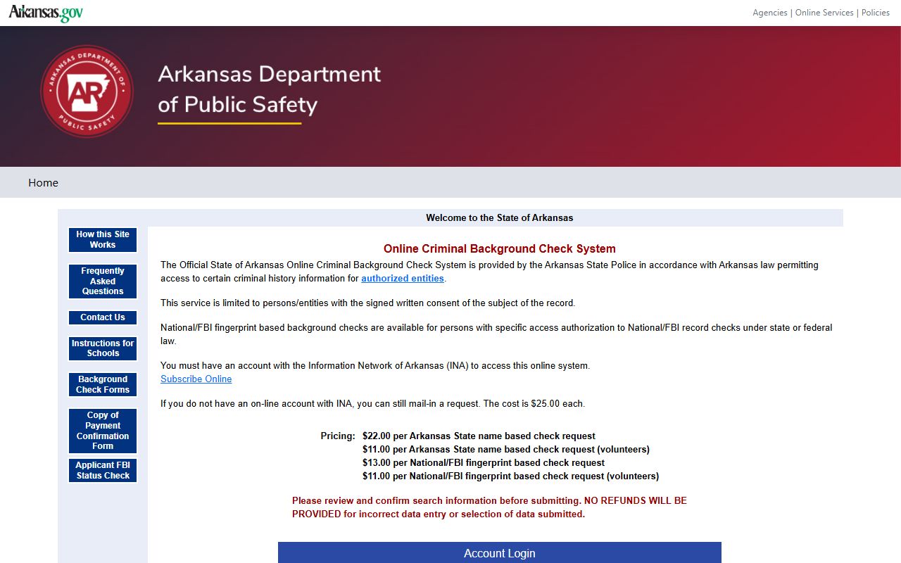 Arkansas State Police Criminal Background Check System for warrant records